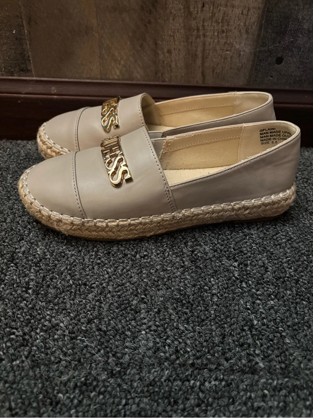 GUESS Taupe Slip-On Espadrilles with Gold Logo